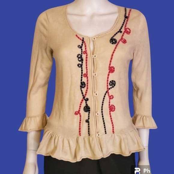 VTG NICK & MO Cream Ruffle Embroidered Peplum Button Down Sweater Medium - Picture 1 of 8